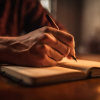 Caucasian man studying literature by candle flame generated by artificial intelligence